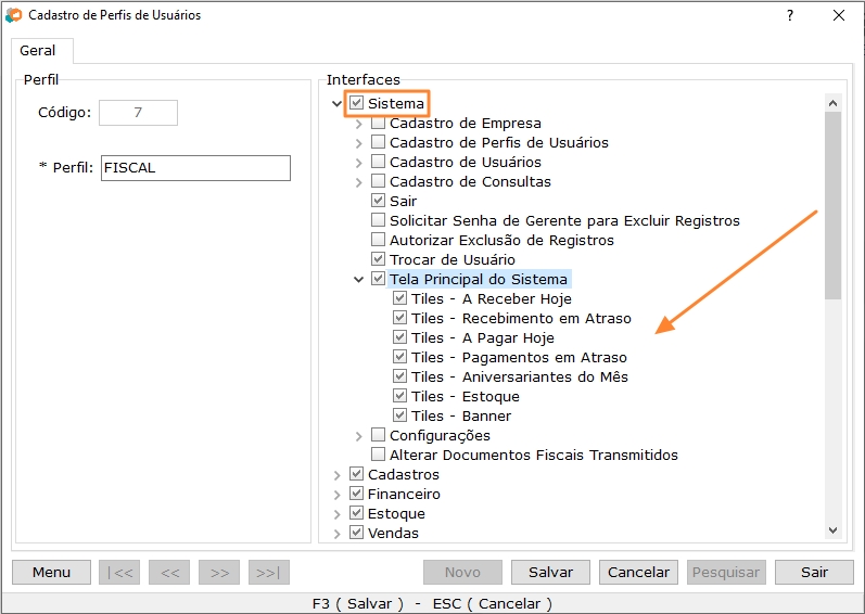  Configuração tela principal do sistema 