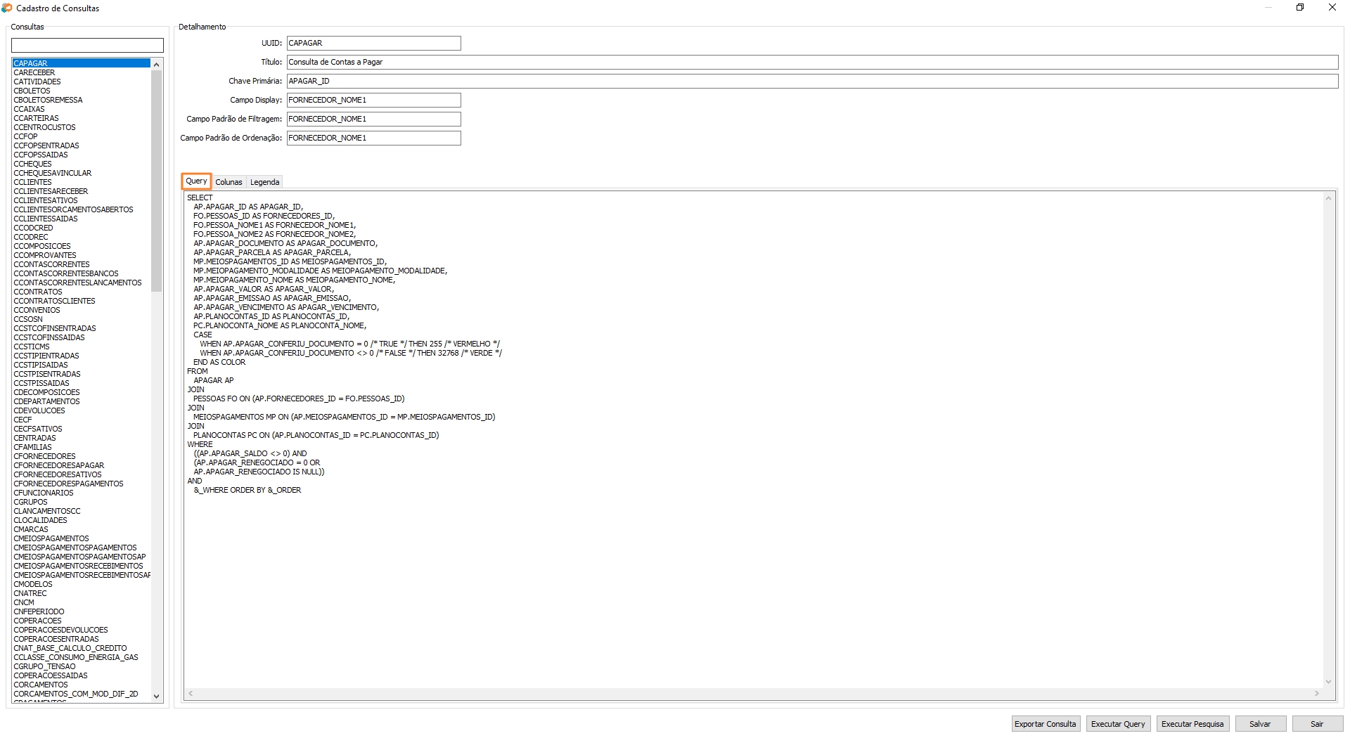 Cadastro de Consultas - DETALHAMENTO - Guia Query