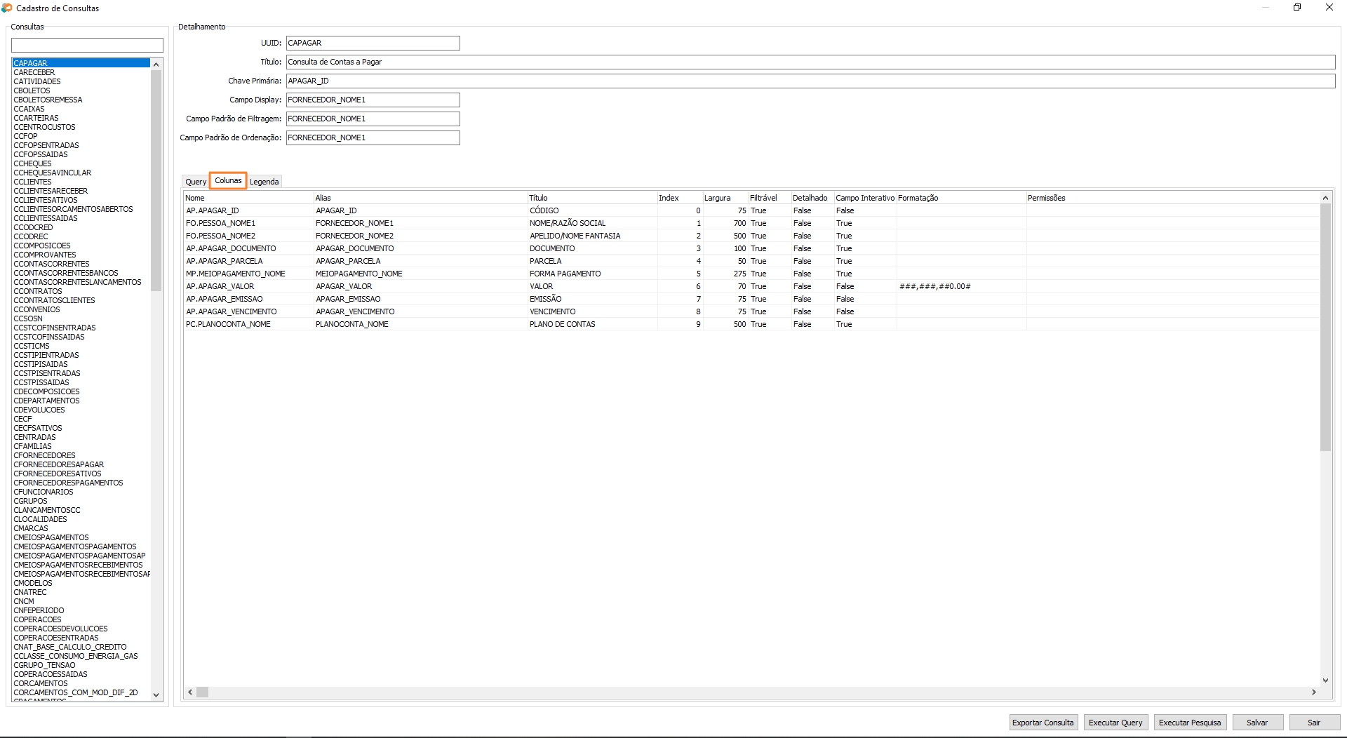 Cadastro de Consultas - DETALHAMENTO - Guia Colunas