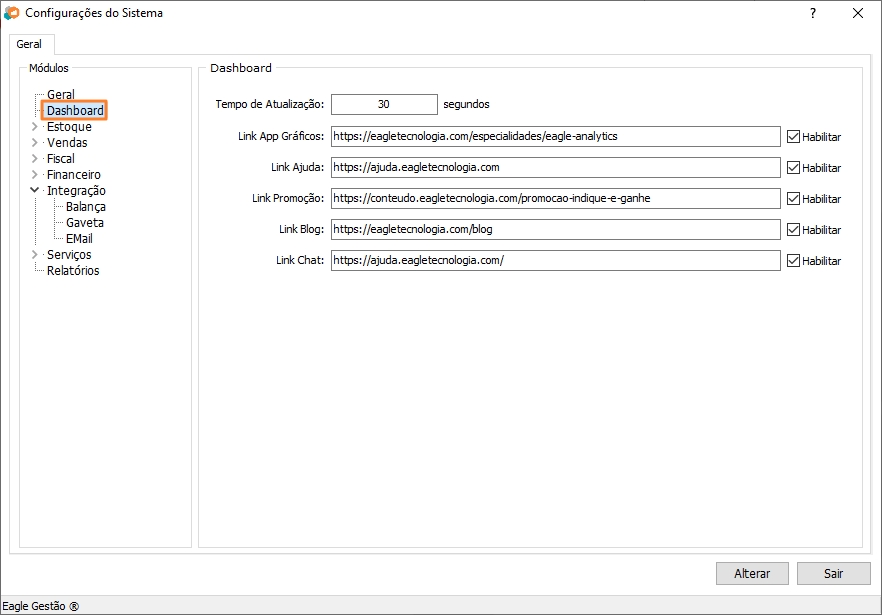 Configurações de Dashboard