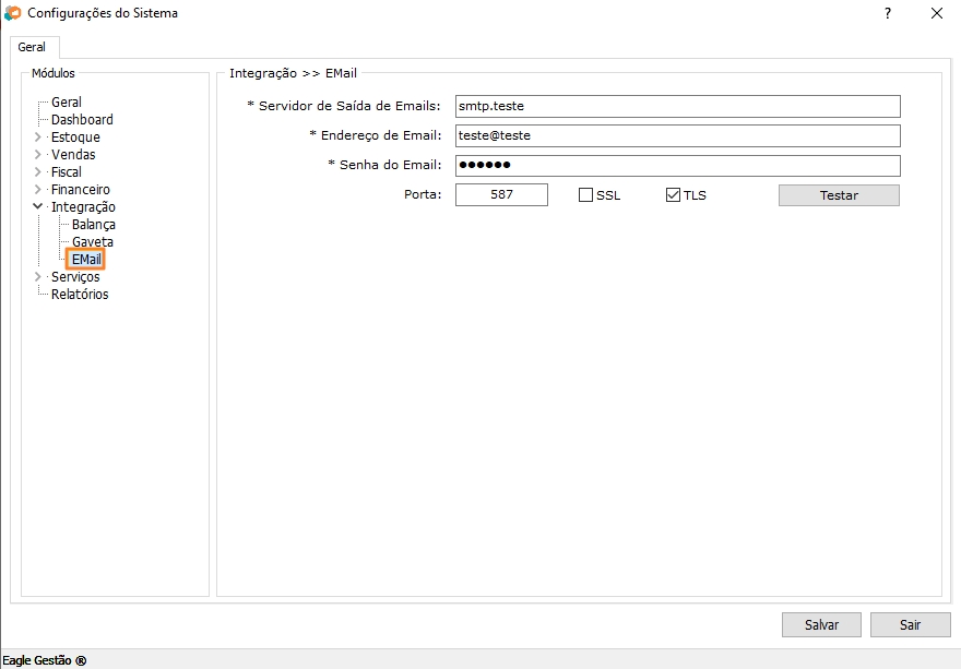 Configurações de E-mail do Módulo Integração