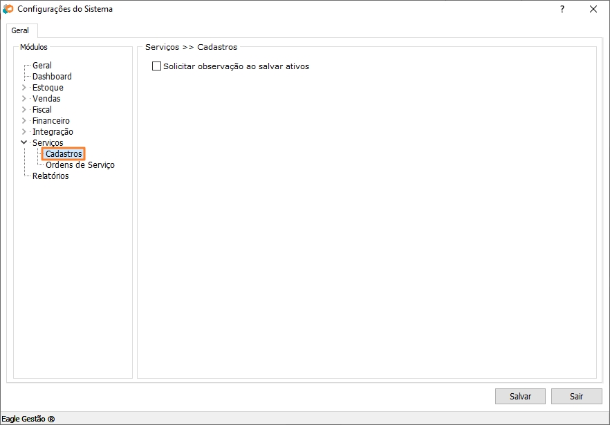 Configurações de Cadastros de Serviços