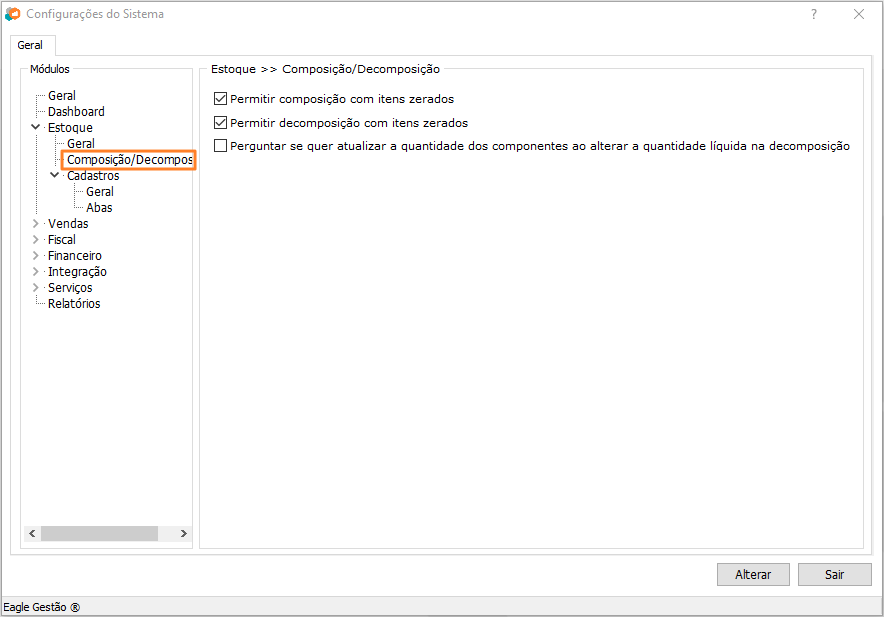 Configurações de Composição e Decomposição do Módulo de Estoque