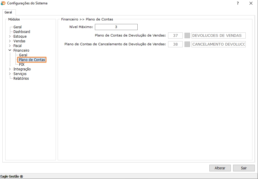 Configurações de Plano de Contas
