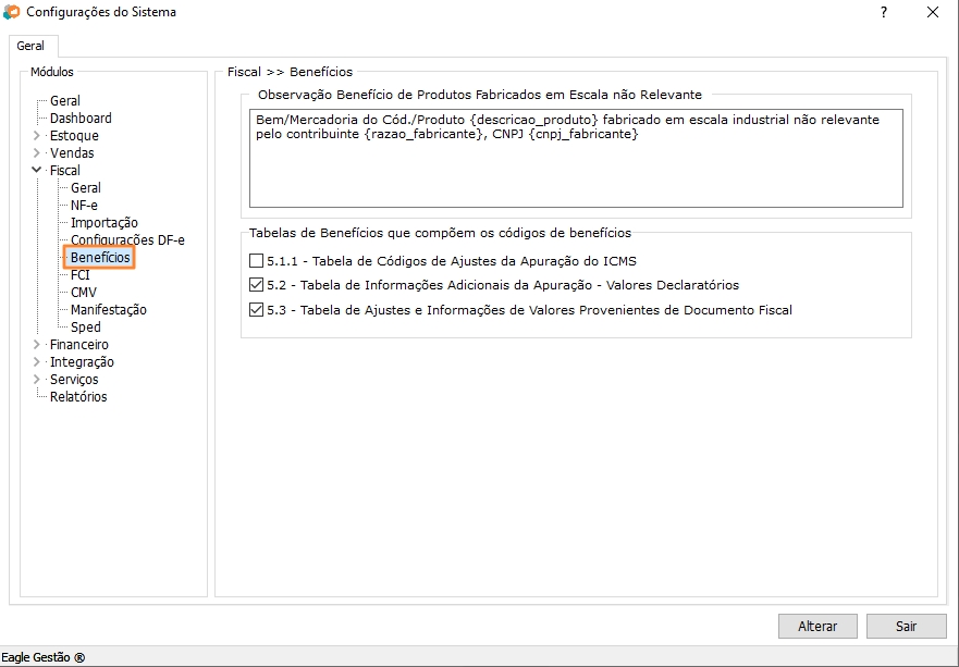 Configurações de benefícios do Módulo Fiscal