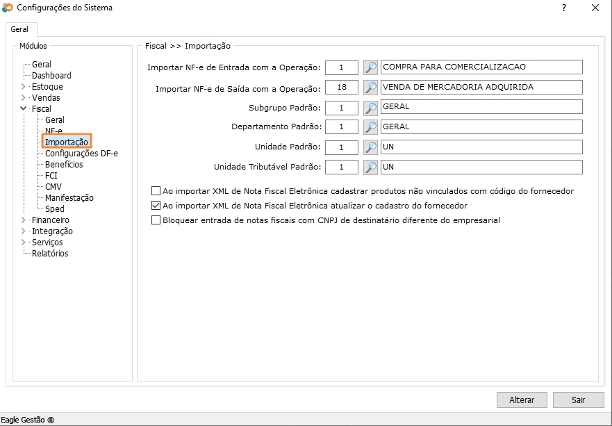 Configurações de importação do Módulo Fiscal