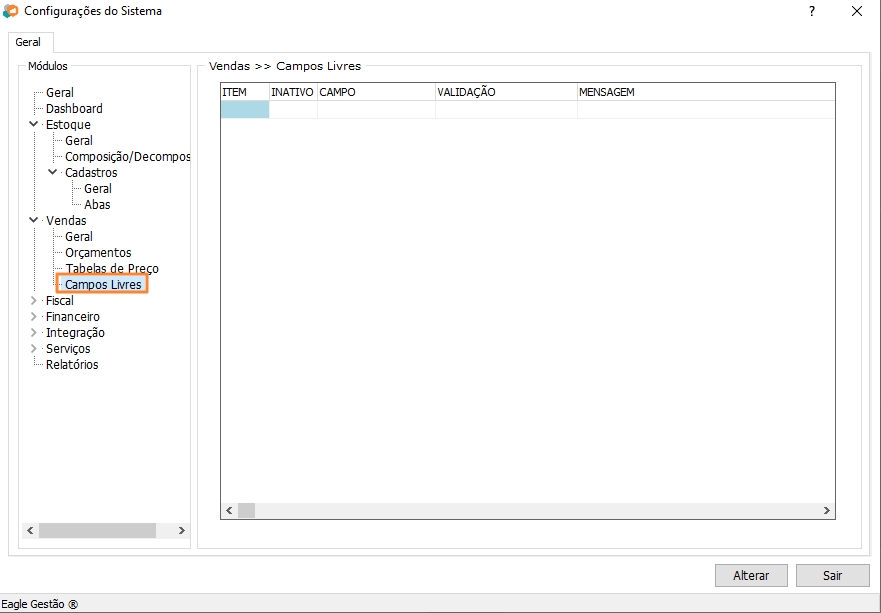 Configurações de Campos Livres do Módulo de Vendas