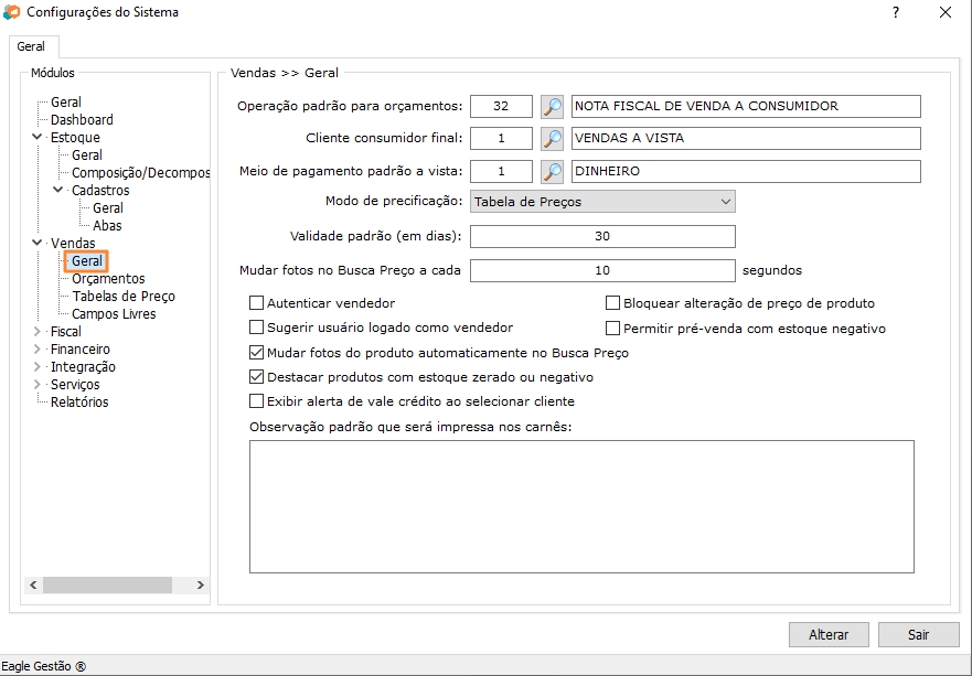 Configurações Gerais do Módulo de Vendas