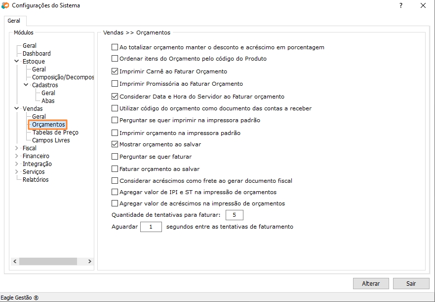 Configurações de Orçamentos do Módulo de Vendas