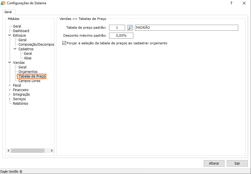 Configurações de Tabelas de Preço do Módulo de Vendas