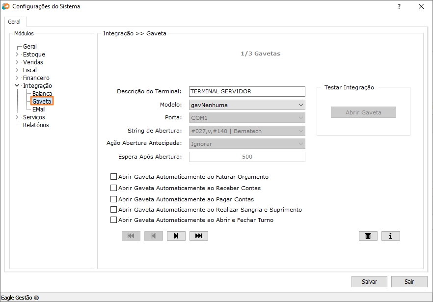 Configurações de Gaveta do Módulo Integração