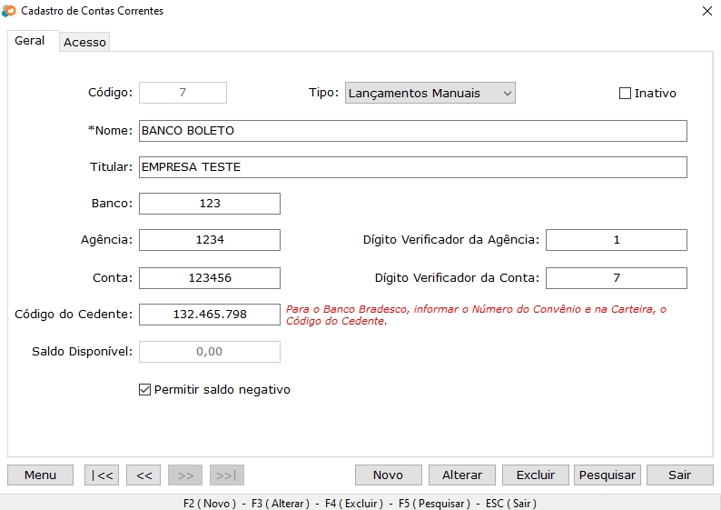 Configuração da Conta Corrente