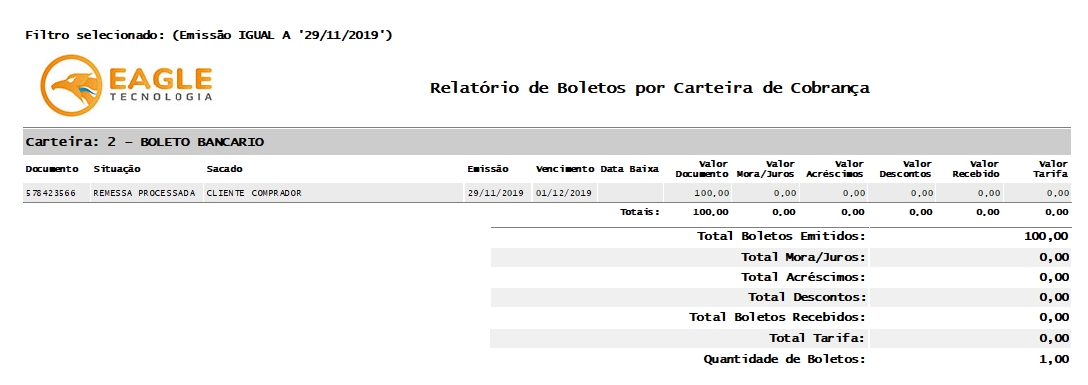 Relatório por Carteira de Cobrança