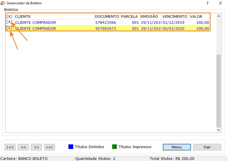Seleção dos Boletos