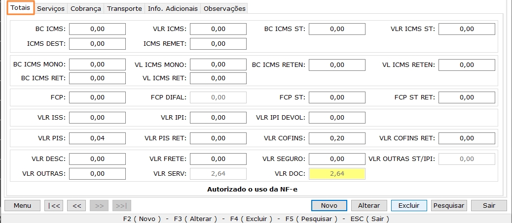 Nota de Saída - Aba Totais