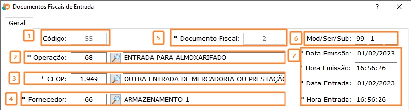 Cabeçalho da tela de entradas