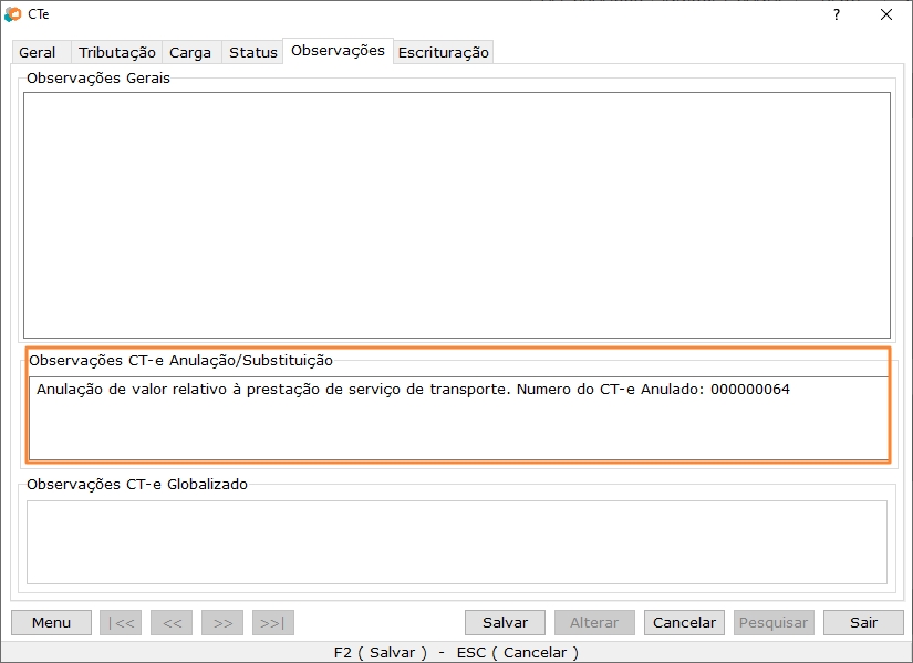 Observações do CT-e