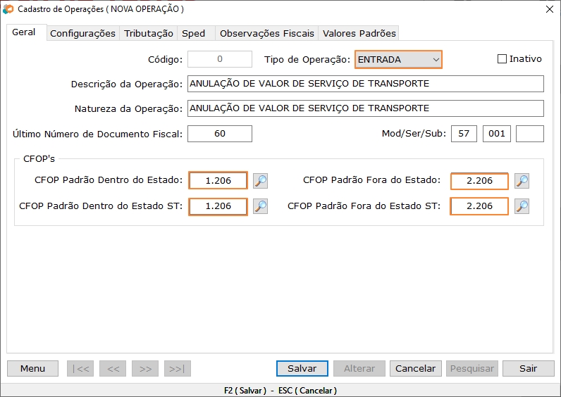 Configurando a Operação