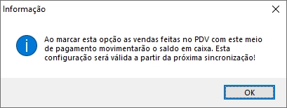 Mensagem ao marcar opção Movimenta Saldo em Caixa