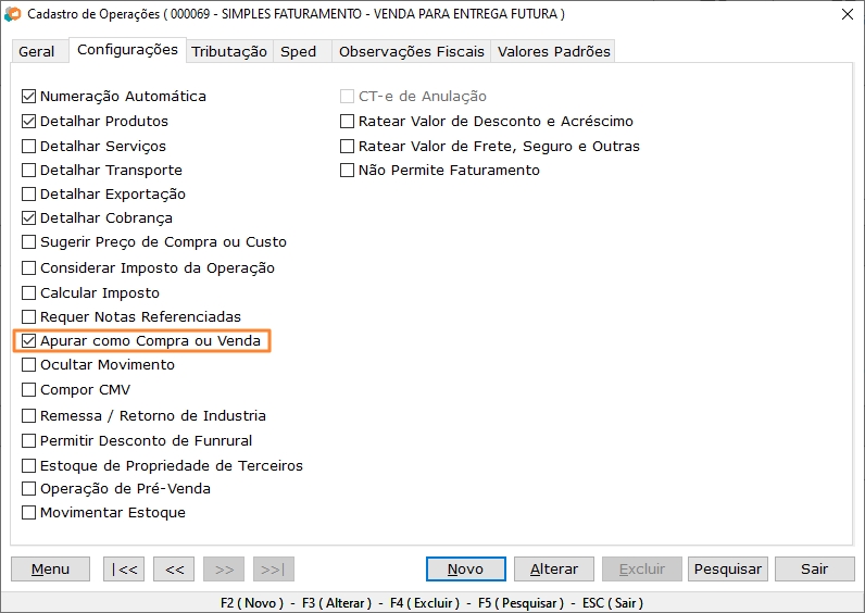 Configuração Apurar como Compra ou Venda