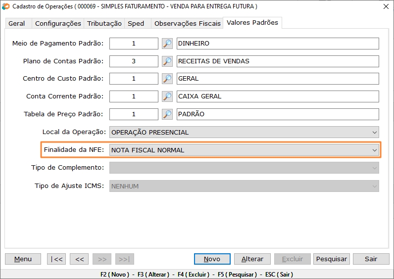 Configuração da finalidade da operação