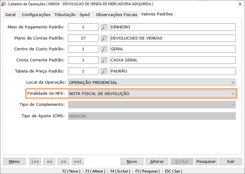 Operação com finalidade de devolução