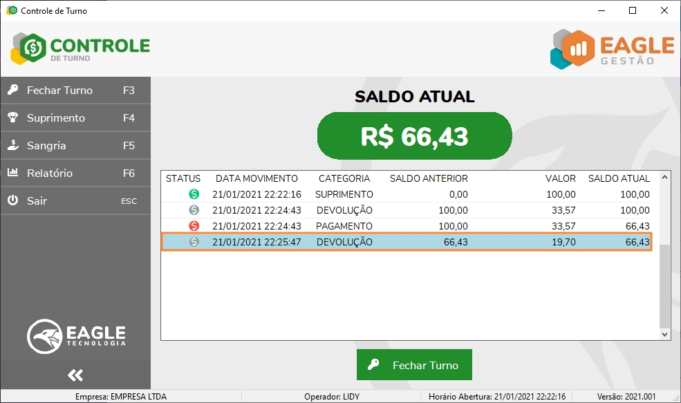 Lançamento de devolução sem pagamento