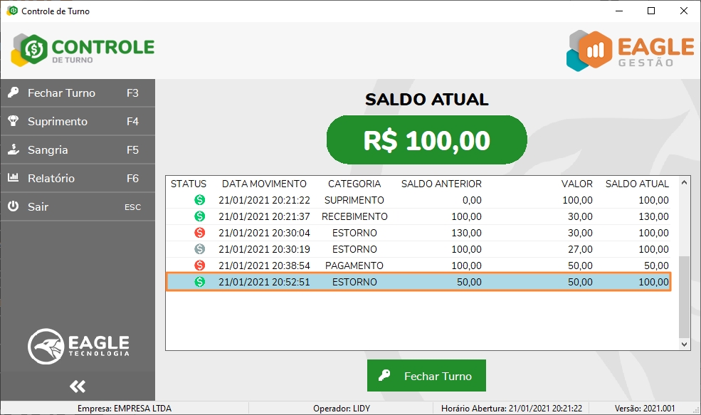 Lançamento de estorno que movimenta o saldo