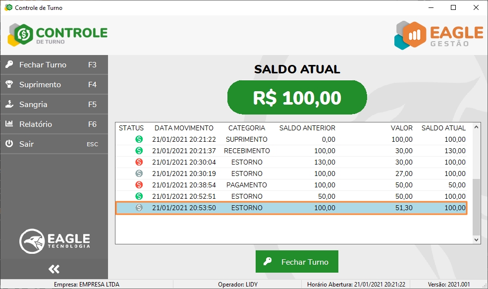 Lançamento de estorno que não movimenta o saldo