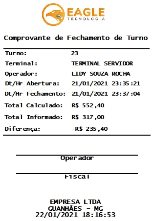 Comprovante de Fechamento de Turno, modelo 58 mm