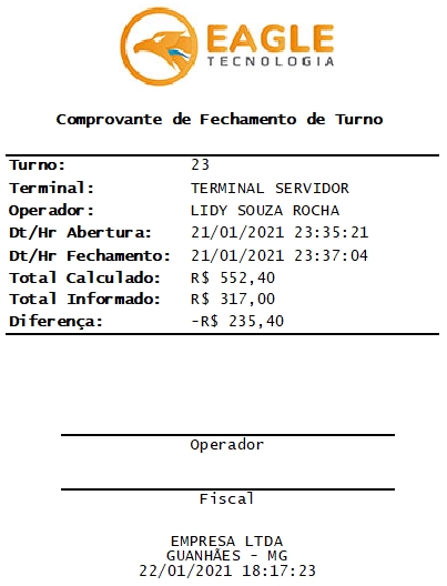 Comprovante de Fechamento de Turno, modelo 80 mm