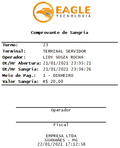 Comprovante de Sangria, modelo 80 mm