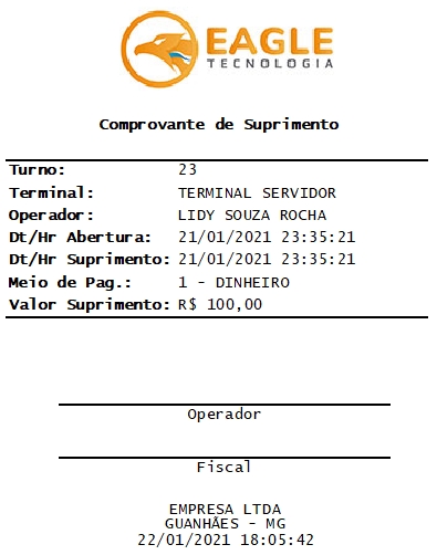 Comprovante de Suprimento, modelo 80 mm