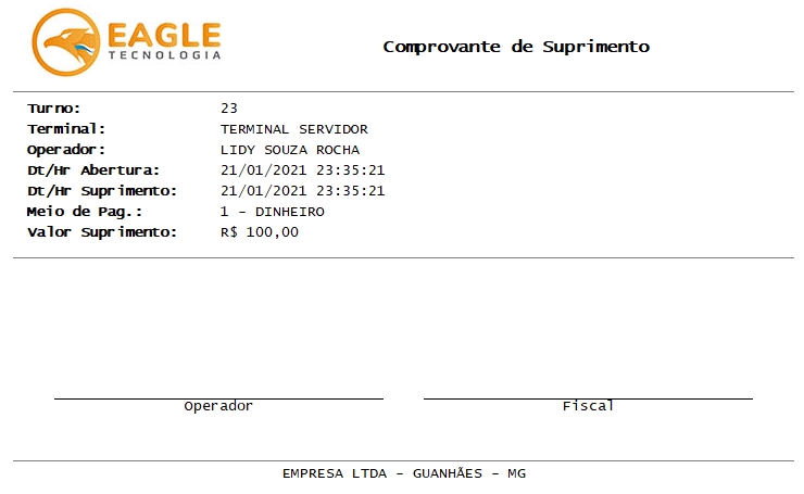 Comprovante de Suprimento, modelo A4