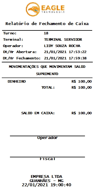 Relatório de Fechamento do Caixa, modelo 58 mm