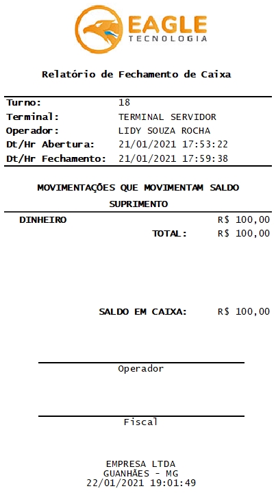 Relatório de Fechamento do Caixa, modelo 80 mm