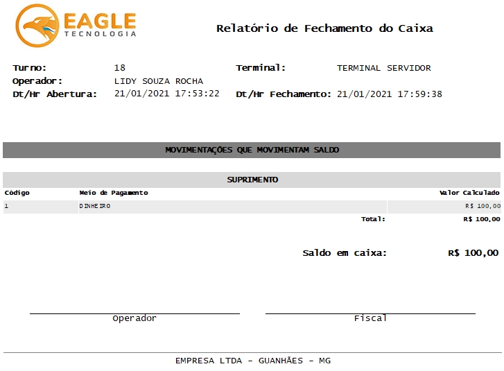 Relatório de Fechamento do Caixa, modelo A4