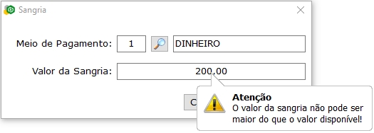 Validação de valor de sangria maior que saldo disponível