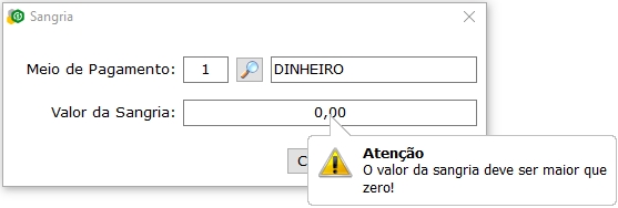 Validação de valor de sangria zerado