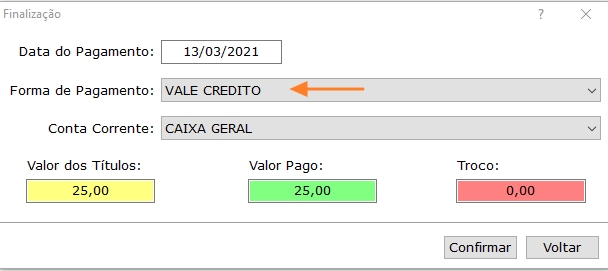 Recebimentos com vale crédito