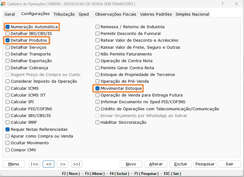 Figura 2 — Operação de Devolução — Aba Configurações — Cenário 1