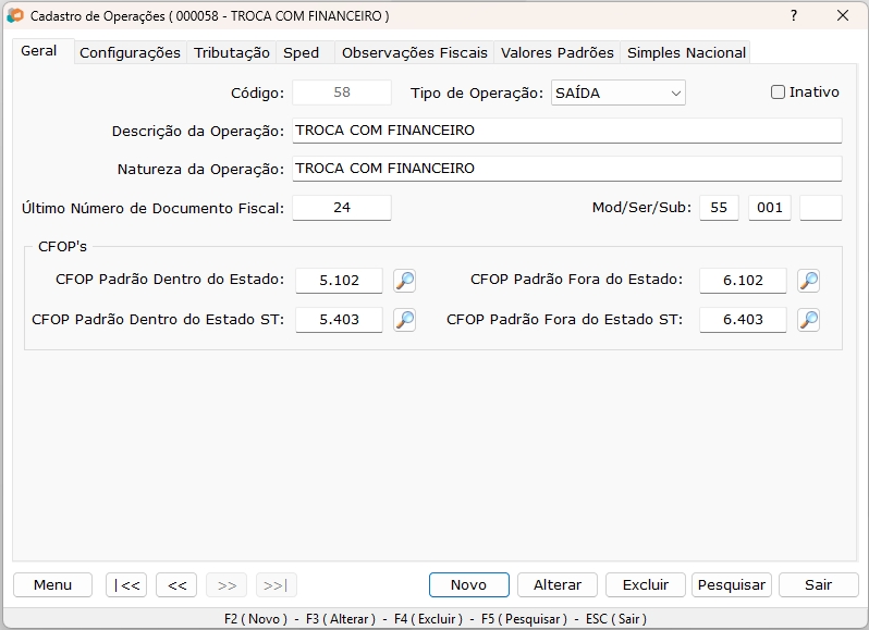 Figura 4 — Operação de Troca — Aba Geral — Cenário 1