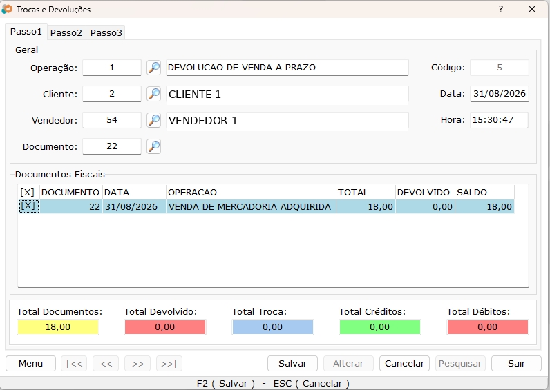 Figura 6 — Devolução de Venda a Prazo com Troca — Passo 1