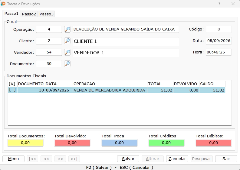 Figura 6 — Devolução de Venda Gerando Saída do Caixa — Passo 1