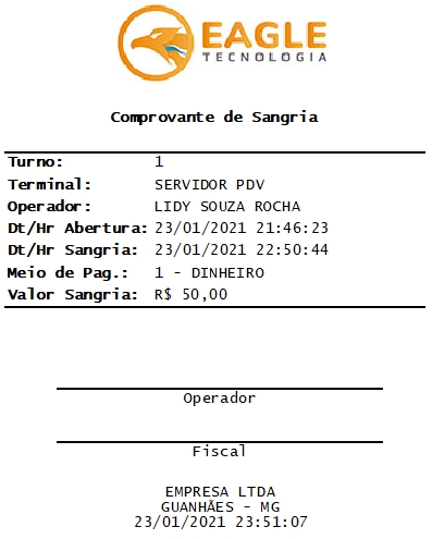 Comprovante de Sangria, modelo 80 mm