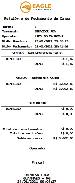 Relatório de Fechamento do Caixa, modelo 58 mm