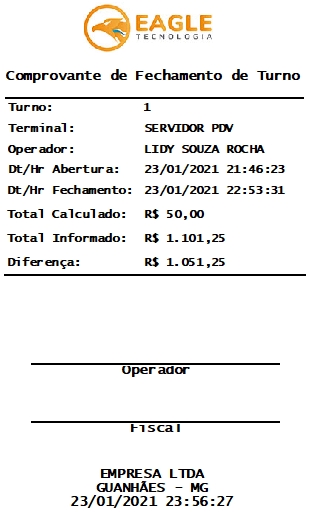 Comprovante de Fechamento de Turno, modelo 58 mm