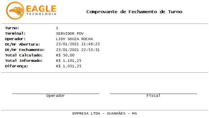 Comprovante de Fechamento de Turno, modelo  A4