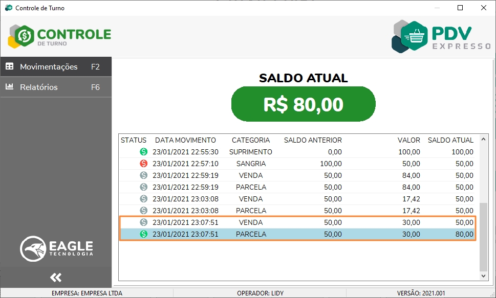 Lançamento de venda com parcela que movimenta saldo