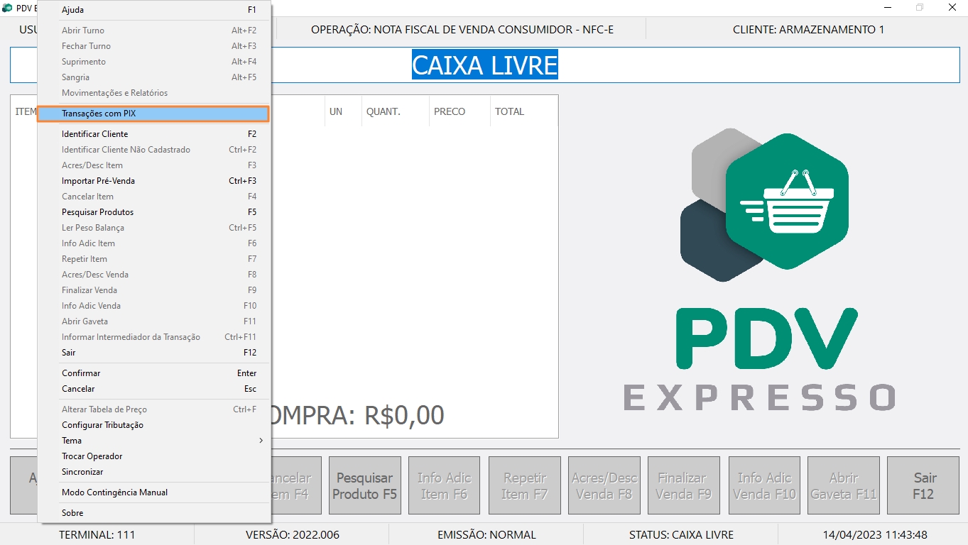 Acessando tela de transações com PIX pelo PDVExpresso